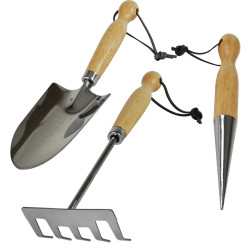 Set 3 Outils Jardinage Inox - Râteau, Plantoir & Transplantoir KRISALYS