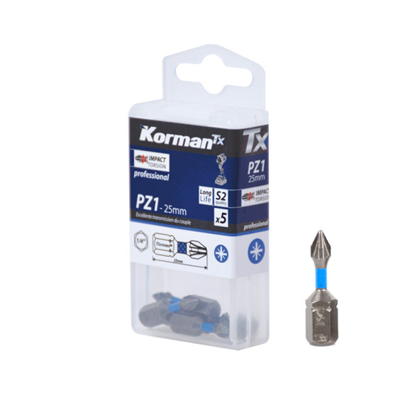 Jeu de 5 Embouts Pozidriv Impact Torsion PZ1 25mm KORMAN TX