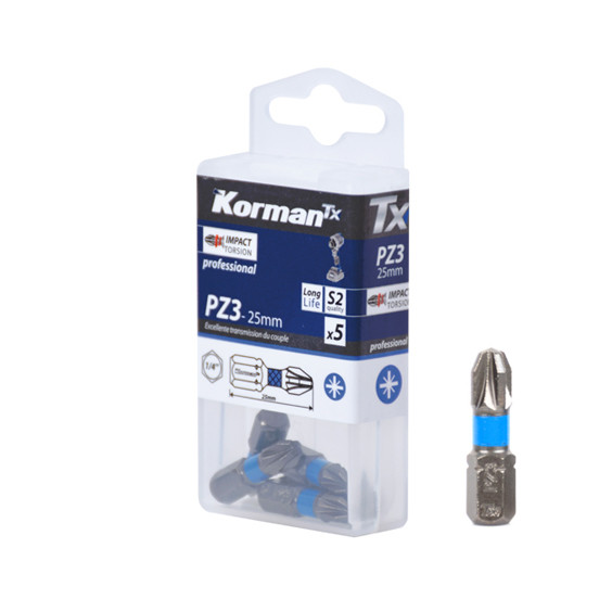 Jeu de 5 Embouts Pozidriv Impact Torsion PZ3 25mm KORMAN TX