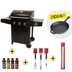 Barbecue gaz 4 brûleurs dont 1 latéral avec plancha et grille de cuisson+ Ustensiles+ Pics à Brochettes+ Sauces+ Poêle offerte