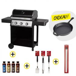 Barbecue gaz ROSTER 3 brûleurs plancha intégrale + Ustensiles + Pics à Brochettes + Sauces + poêle OFFERTE