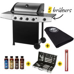 Pack Barbecue Gaz 5 brûleurs + Housse + Ustensiles + Pics Brochette + 4 Sauces OFFERTES